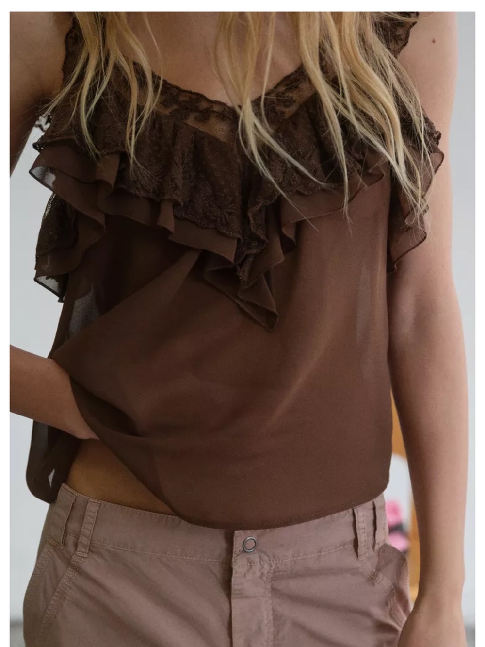 Zara Brown Ruffle Lace V-Neck Cami